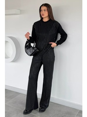 Gülseli Kadın Bisiklet Yaka Taş Işlemeli Kazak Bel Lastikli Pantolon Ikili Takım P-00018981