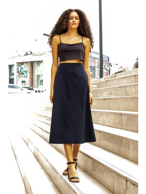 Jument Kadın Yüksek Bel Cepli Şık Kumaş Midi Boy Diz Altı Kiloş Çan Etek-Lacivert