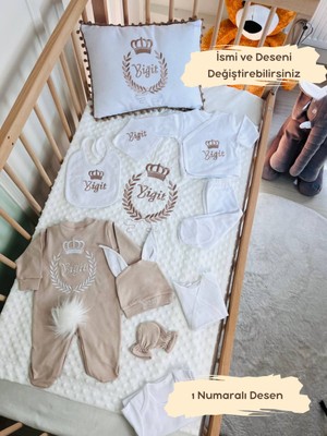 Karsu Tasarım Nakış Işleme Isimli Hastane Çıkış Seti 11 Parça (%100 Pamuk) Takı Yastıklı