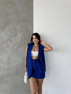 Pophlin Mavi Kaşe Kruvaze Oversize Yelek Etek Takım