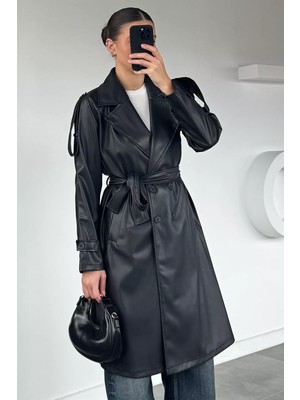 Gülseli Kadın Bel Kuşak Detaylı Ön Düğmeli Suni Deri Trençkot P-00019098