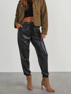 Mareandpanda Kadın Yüksek Bel Lastikli önü Düğmeli Deri Pantolon