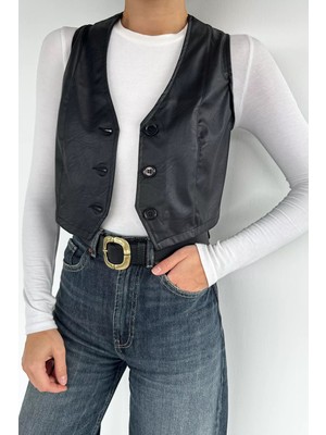 Gülseli Kadın Ön Düğmeli Crop Top Suni Deri Yelek P-00019088