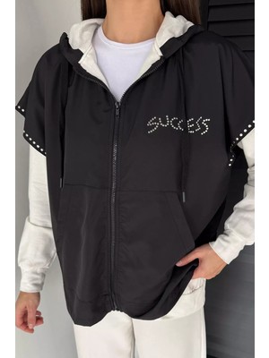 Gülseli Kadın Kapüşonlu Taş Işlemeli Fermuarlı Garnili Sweatshirt P-00019083