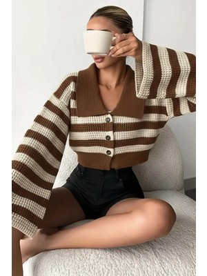 Gülseli Kadın Ön Düğmeli Renk Şeritli Ispanyol Kol Örme Triko Hırka P-00018399