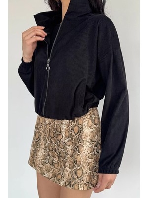 Gülseli Fermuarlı Fitilli Kadife Ceket P-00019253