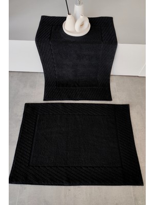 Sevim 2'li Diyagonal Çizgili Ayak Havlusu Seti - %100 Pamuk Havlu Takımı - 50X70 cm - Siyah