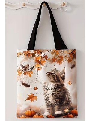 Çınar Bez Çanta Kanvas Fermuarlı Sonbahar ve Kedi Baskılı Çanta