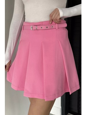 Gülseli Kadın Kemer Aksesuarlı Fermuarlı Pileli Içi Şortlu Mini Etek P-00019082