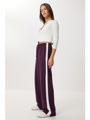 Happiness İstanbul Kontrast Şeritli Modal Eşofman Altı LXA0024 Mürdüm