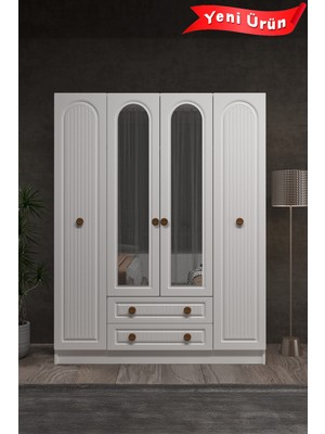 PlatinReyon Bohem 4 Kapak 2 Çekmece Aynalı Gardırop Mdf Kapak