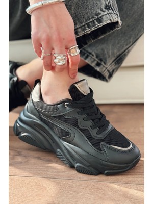 Zerenyus ZRİN-149 Siyah Platin Bağcıklı Fileli Günlük Premium Kadın Sneaker