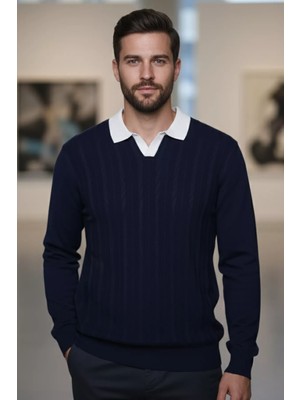 Erkek Polo Yaka Kendinden Desenli Triko Kazak P-00019041