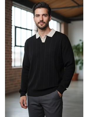 Erkek Polo Yaka Kendinden Desenli Triko Kazak P-00019041