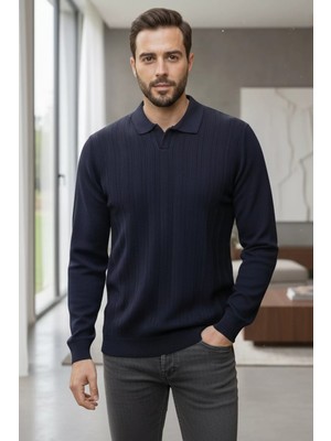 Erkek Kendinden Desenli Polo Yaka Triko Kazak P-00019106