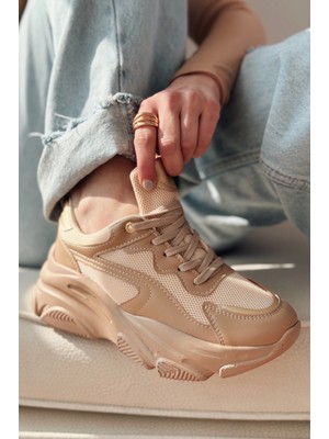 Zerenyus ZRİN-149 Nut Gold Bağcıklı Fileli Günlük Premium Kadın Sneaker