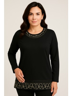 BURSPA Rahat Kesim Yuvarlak Yaka Taş Işlemeli Kadın Anne Penye Bluz