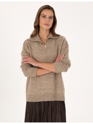 Pierre Cardin Kadın Vizon Comfort Fit Fermuarlı Dik Yaka Kazak 50316329-VR052