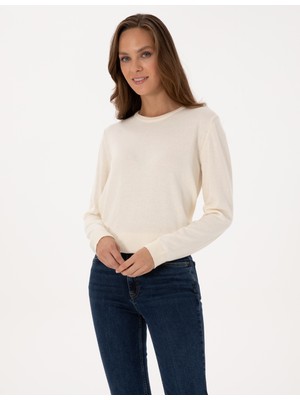 Pierre Cardin Kadın Ekru Comfort Fit Bisiklet Yaka Basic Kazak 50316393-VR019