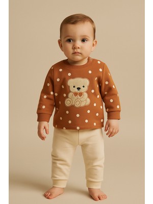 Katia & Bony Teddy Nakışlı Puantiyeli Bebek Takım Kahverengi