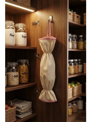 Pembe Biyeli Bej Renk Poşetlik – Mutfak Düzenleyici Askılı Çanta – 50 cm Bez Poşet Saklama Torbası