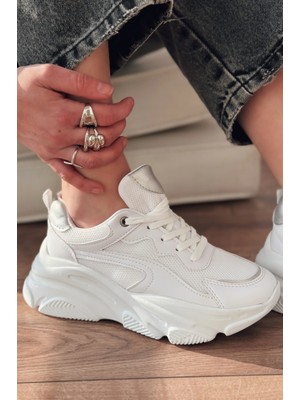 Zerenyus ZRİN-149 Beyaz Gümüş Bağcıklı Fileli Günlük Premium Kadın Sneaker