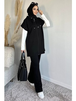 Julude Fermuarlı Kapüşonlu Yelek Tunik Pantolon Tesettür Üçlü Takım P-00019187