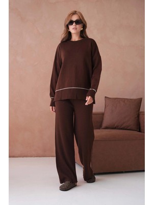 Kadın Bisiklet Yak Adüşük Kol Kazak Fitilli Pantolon Ikili Triko Takım