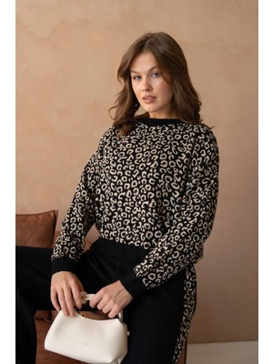 Kadın Geniş Yaka Desenli Kazak Pantolon Ikili Triko Takım