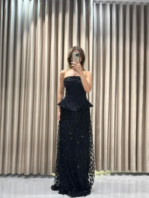 Kaleiçi Yıldızlar Siyah Straplez Payet Desenli Ebise 5627