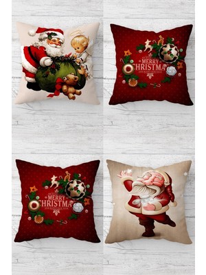 Yılbaşı Temalı Fermuarlı Kırlent Kılıfı Takımı, 4'lü, Kırmızı