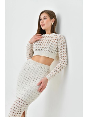 Kadın Örgü Detay Crop Kazak Astarlı Yırtmaçlı Etek Triko Ikili Takım