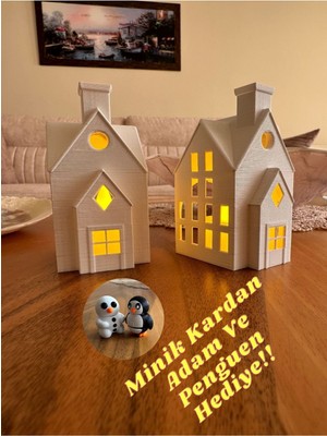 Beyaz Kış Evleri 2'li Set, Dekoratif Noel Teması, Tealight ve LED Mumler Dahil