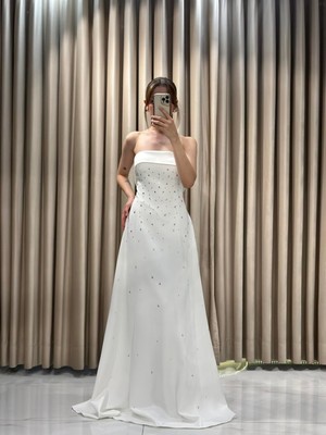 Beyaz Straplez Damla Taş Model Çan Model Abiye Elbise | Kaleiçi Yıldızlar