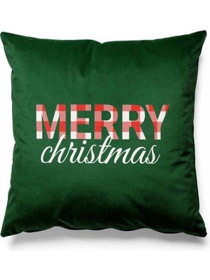 Yeşil Zeminde Çift Taraflı Merry Christmas Süet Kırlent Kılıfı