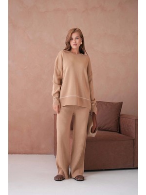 Kadın Bisiklet Yak Adüşük Kol Kazak Fitilli Pantolon Ikili Triko Takım