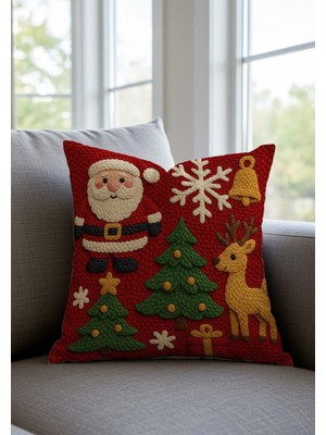 Yılbaşı Temalı Nakışlı Noel Baba ve Çam Ağacı Desenli Kırlent Kılıfı
