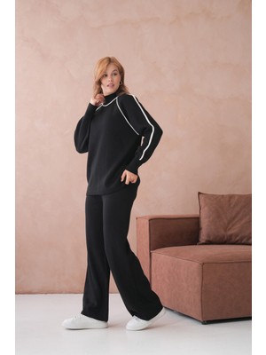 Kadın Dik Yaka Yarım Pat Fermuar Yırtmaçlı Kazak Pantolon Ikili Triko Takım