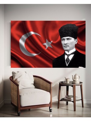 Özkacar Group Yatay Türk Bayrağı ve Atatürk Kanvas Tablo Ev Dekarasyon Hediyelik Duvar Süsü