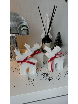 El Yapımı Beton Noel Geyiği, Kırmızı Kurdeleli, Dekoratif 3’lü Set, Şık ve Doğal Görünüm