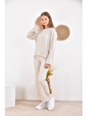 Kadın Bisiklet Yaka Fitilli Kazak Pantolonlu Ikili Triko Takım