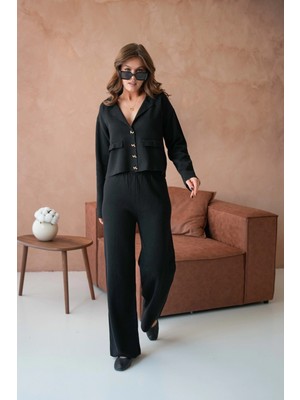 Kadın V Yaka Düğme Detay Ceket Pantolon Ikili Triko Takım