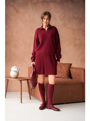 Kadın Polo Yaka Düşük Kol Kazak Kısa Etek Ikili Triko Takım