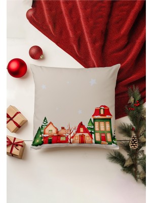 Yılbaşı Temalı Kırlent Kılıfı, Çift Taraflı Baskı, Gizli Fermuar, Bej Renk