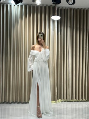 Kaleiçi Yıldızlar Beyaz Şifon Balon Kollu Abiye 1052