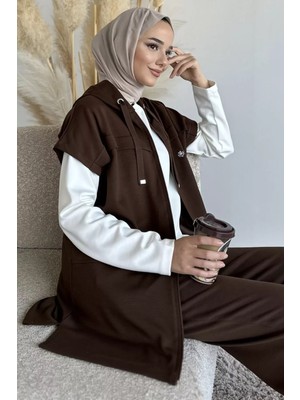 Julude Fermuarlı Kapüşonlu Yelek Tunik Pantolon Tesettür Üçlü Takım P-00019187