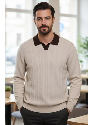 Erkek Polo Yaka Kendinden Desenli Triko Kazak P-00019041