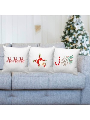 Yılbaşı Temalı 3'lü Kırlent Kılıfı Seti, Noel Baba Baskılı, Beyaz, Şık ve Sıcak Dekor