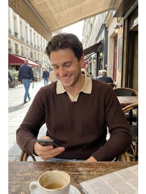 Erkek Kendinden Desenli Polo Yaka Triko Kazak P-00019161