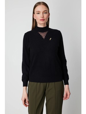 On Triko Yakası Tül Detaylı Pamuklu Triko Kazak 60342-26K